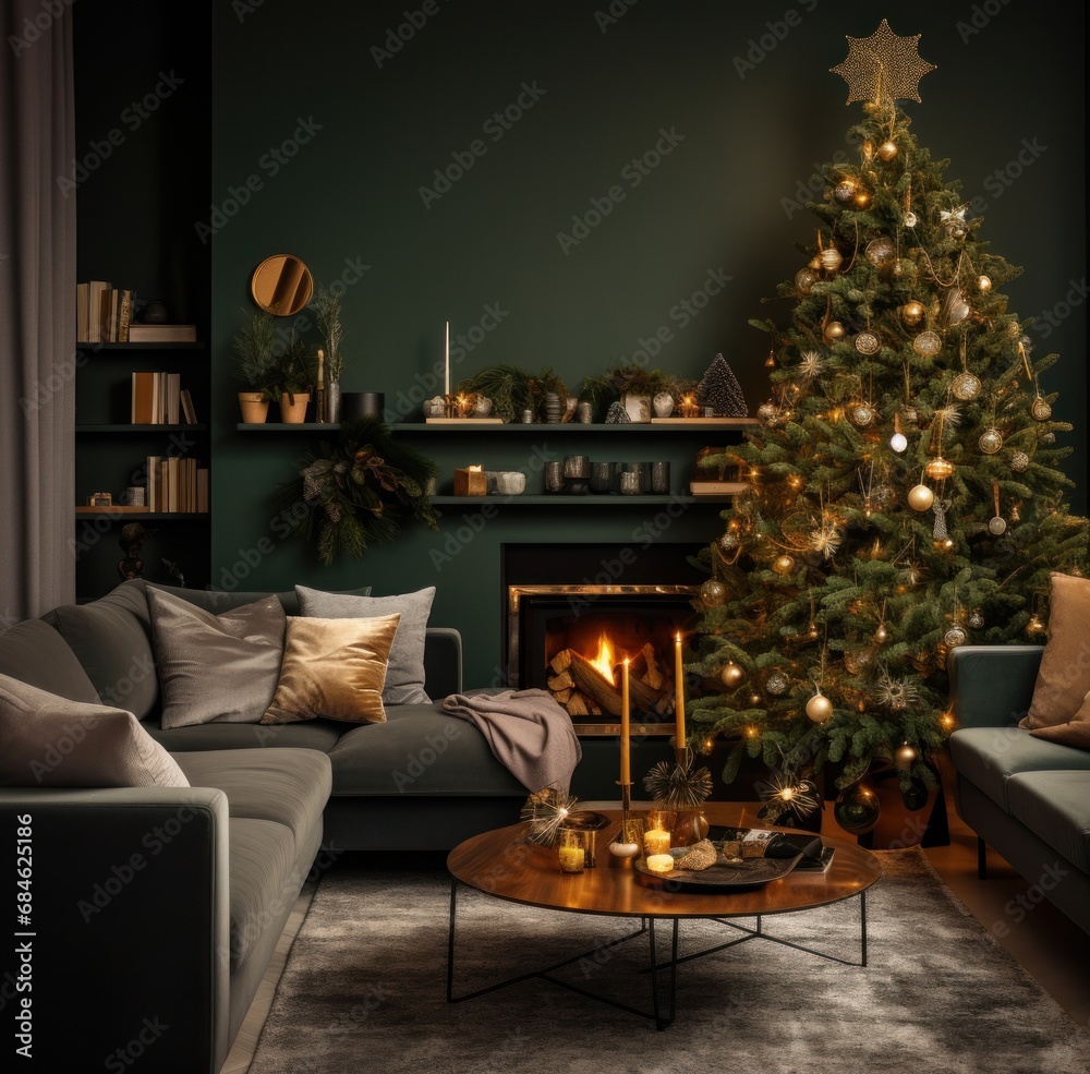 a grey living space decorated for christmas, with a wreath, christmas tree and two grey sofas,