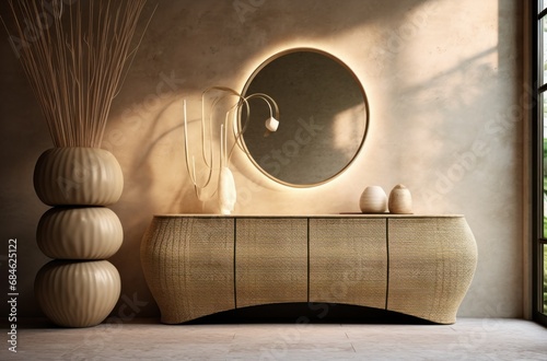 a dresser with an mirror above it is sitting beside it