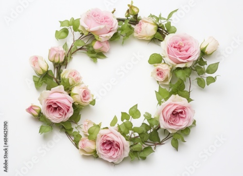 a floral wreath with pink roses and green leaves on white background
