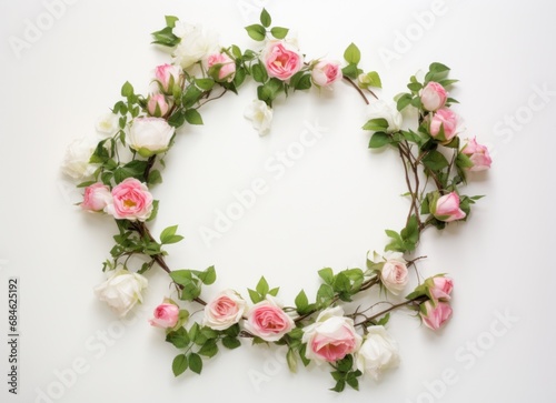 a floral wreath with pink roses and green leaves on white background