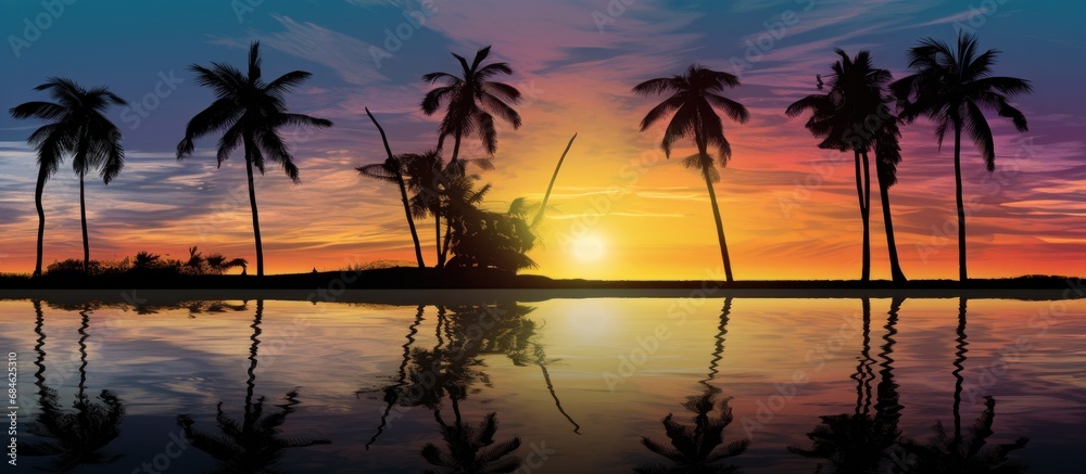 Obraz premium a group of palm trees in silhouette with ocean along the lake