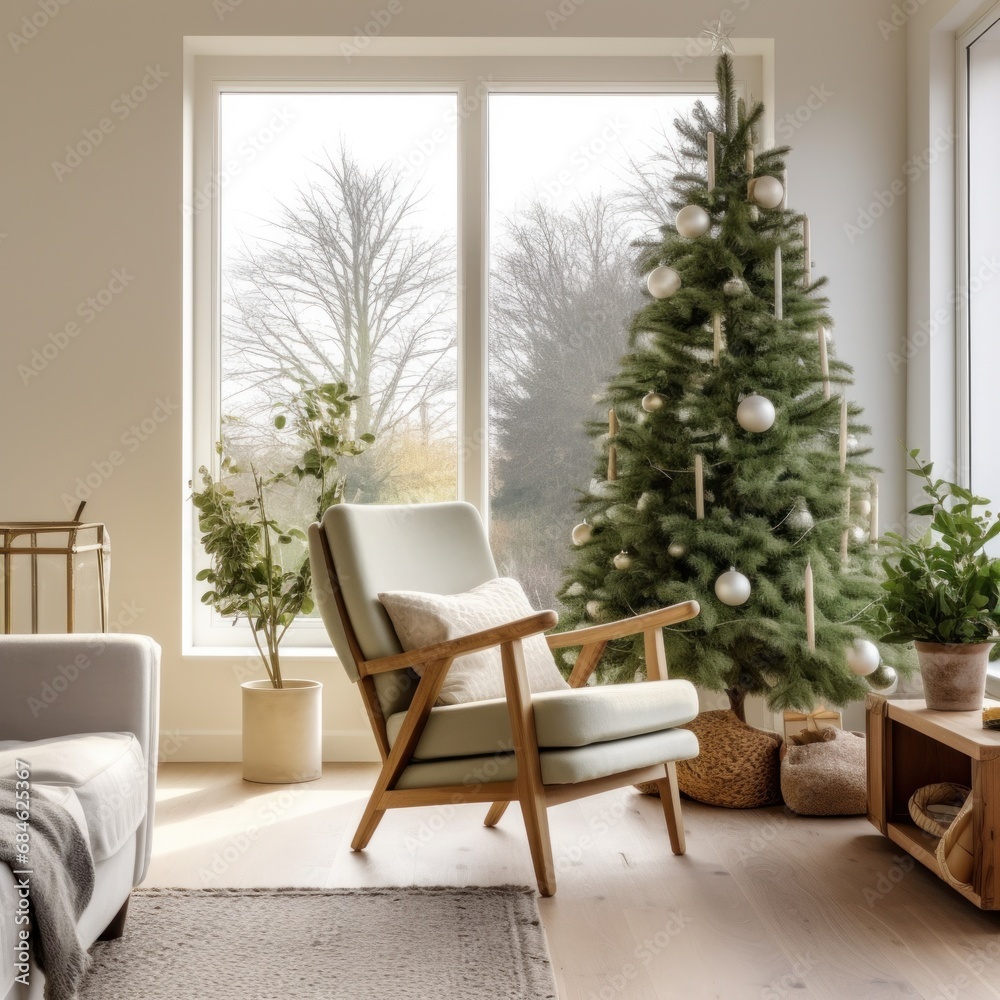 a living room with a green christmas tree and chairs,