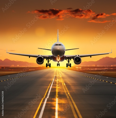 a jet airplane landing on a runway at sunset,