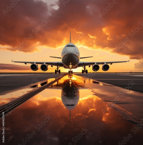 large jet landing at a runway in a sky that is filled with white clouds with an orange sunset behind it