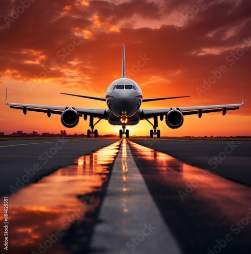 large jet landing at a runway in a sky that is filled with white clouds with ...