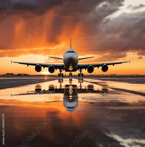 large jet landing at a runway in a sky that is filled with white clouds with an orange sunset behind it