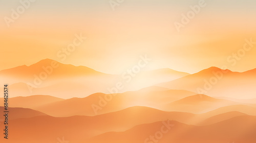 Natural fog and mountains sunlight background blurring, misty waves warm colors and bright sun light. Christmas background sky sunny color orange light patterns, abstract flare evening. generative ai.