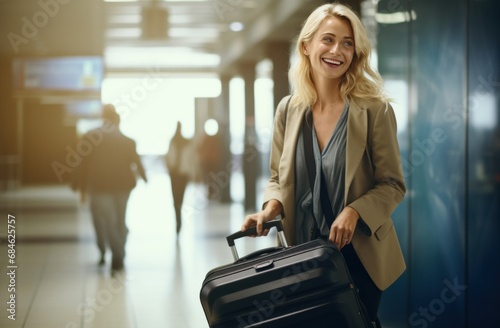 a woman holding her luggage in an airport hallway