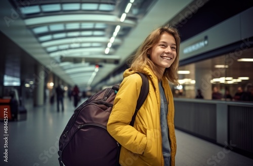 a woman holding her luggage in an airport hallway