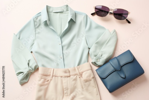 a white surface shows sunglasses, purse, a blouse and jeans