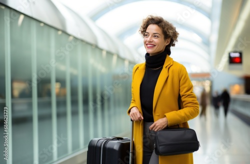 a woman holding her luggage in an airport hallway