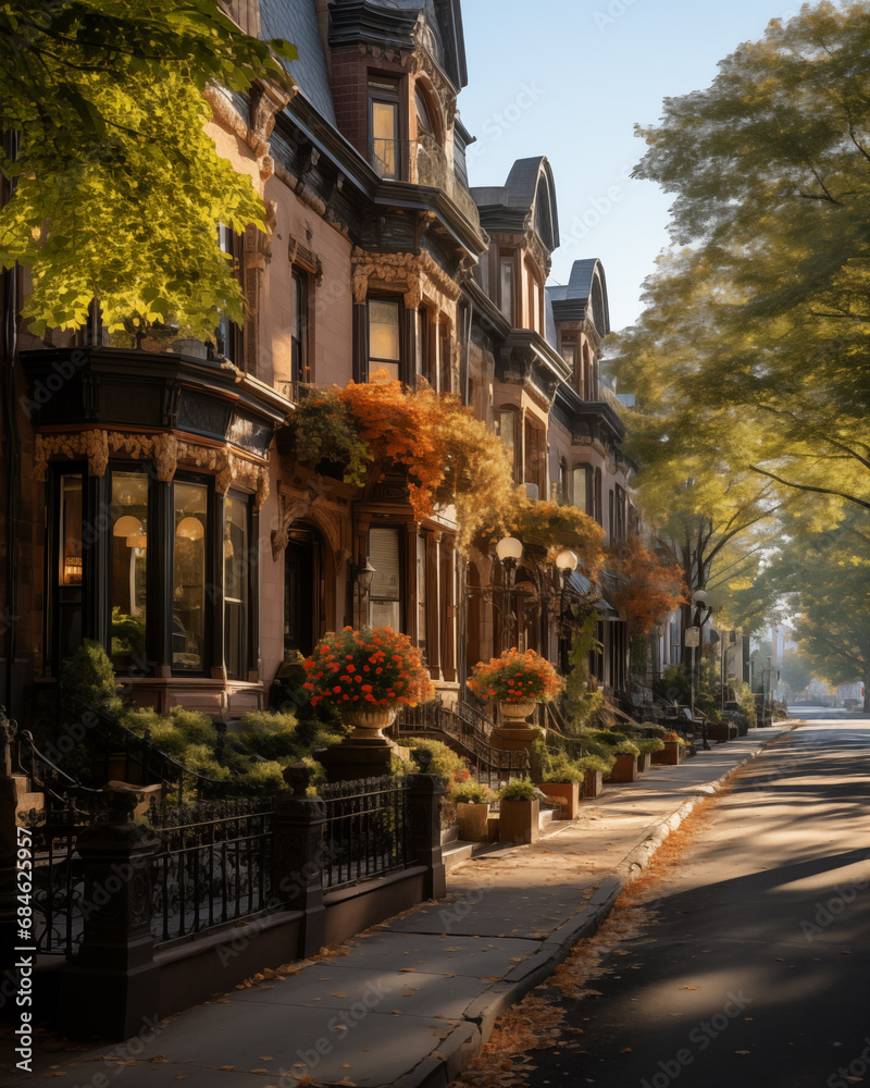 Rows of charming townhouses nestled in a historic neighborhood.  
