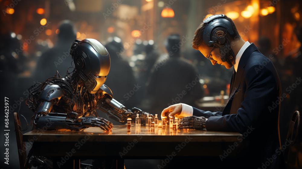 The image may depict humans and robots or AI working together in a business or industrial environment, with both parties playing crucial roles.  