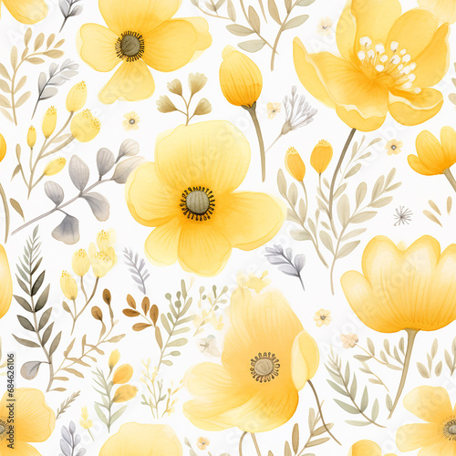 Seamless yellow floral pattern - on bright white background; for wrappers, wallpapers, postcards, greeting cards, wedding invites, romantic events. © MoRo