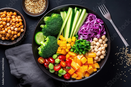 vegetables in a bowl, Vegan in bowl with sweet potato, quinoa, chickpeas, soybeans edamame, tofu, corn, cabbage, radish, broccoli and seeds, black table background, top view.  photo