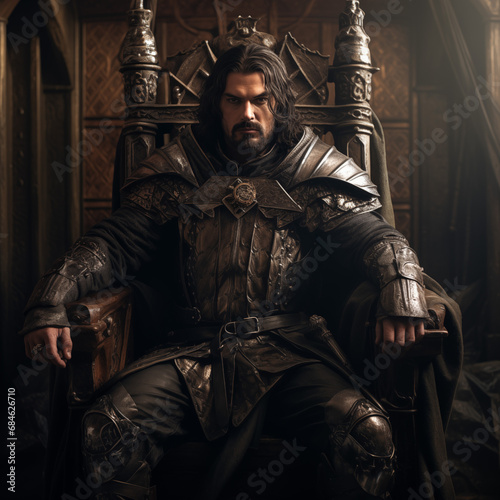 portrait of a king sitting on throne with a sword photo