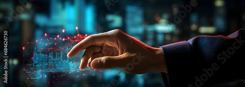 businessman hand holding hologram of digital data and network connection on dark background - global network connection and data transfer concept