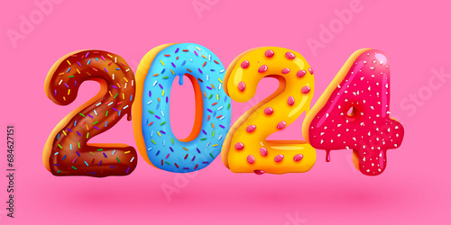 Tasty Greeting Card Happy New Year 2024. Colorful glazed Sweet numbers. Greeting Card, Banner, Poster.