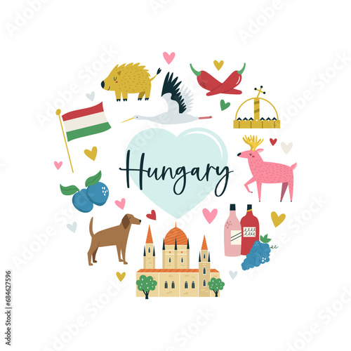 Colorful composition, circle design with famous symbols, animals of Hungary