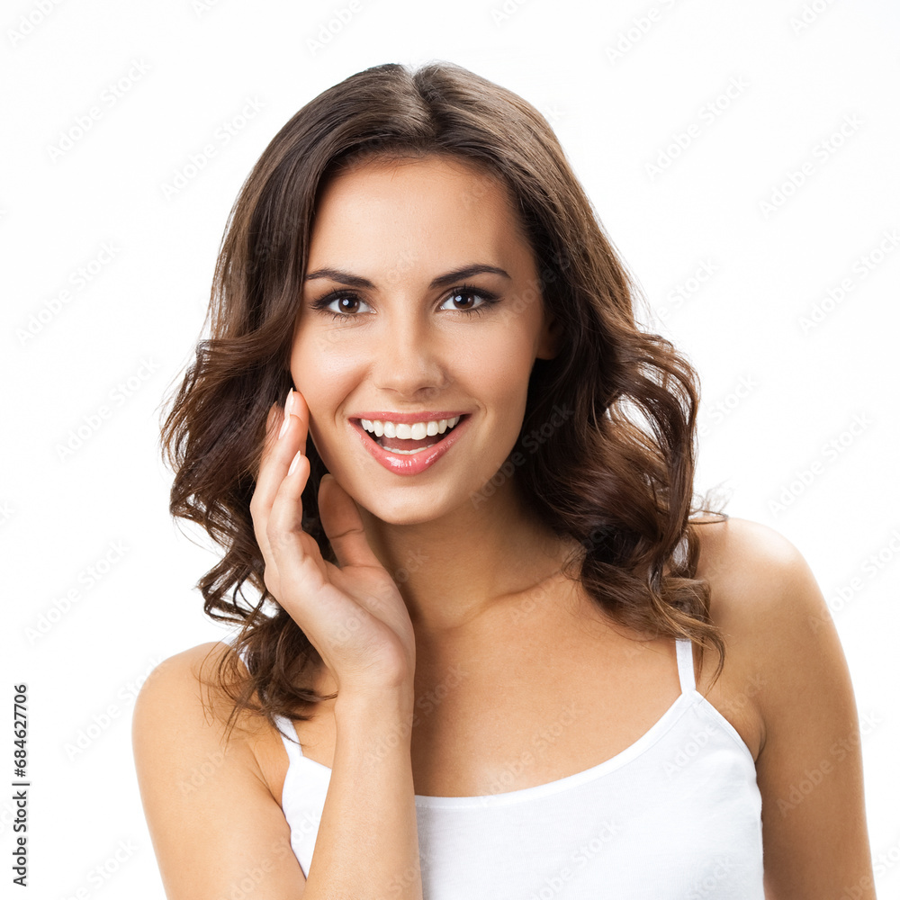 Face portrait photo of beautiful young happy smiling woman, isolated against white background. Studio image of cheerful brunette girl. Square composition. Face portrait photo of beautiful young happy smiling woman, isolated against white background. Studio image of cheerful brunette girl. Square composition.
