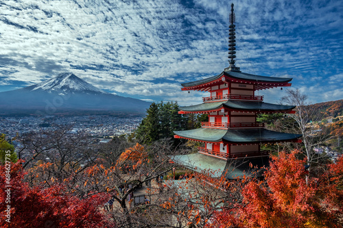 Mount Fuji seen from the Chureito Pagoda and Arakura Sengen Shrine overlooking Fujiyoshida city, Yamanashi Prefecture. Taken in Autumn with Japanese maple trees adding color.