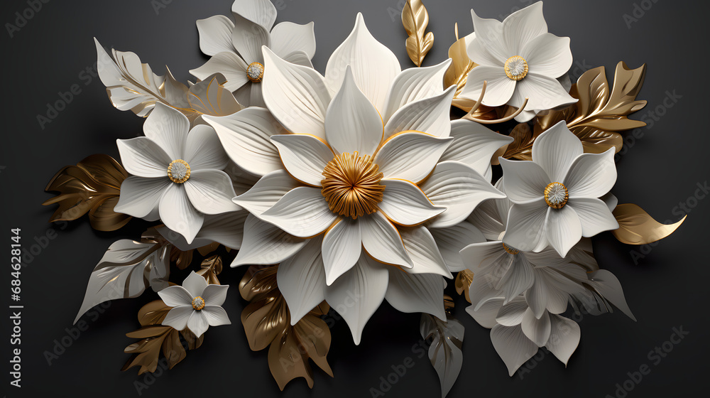 white and golden flower on gray background. generative ai.