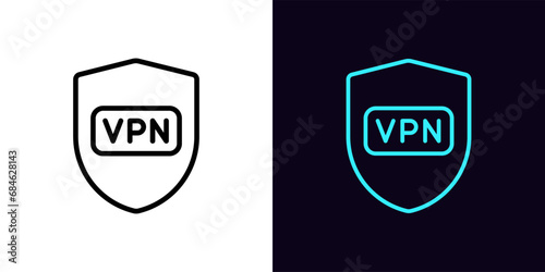 Outline secure VPN icon, with editable stroke. Shield sign with VPN button. Safe virtual private network. Secure personal internet access, proxy address. Web app, global cyber security. Vector icon