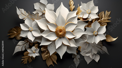 white and golden flower on gray background. generative ai.