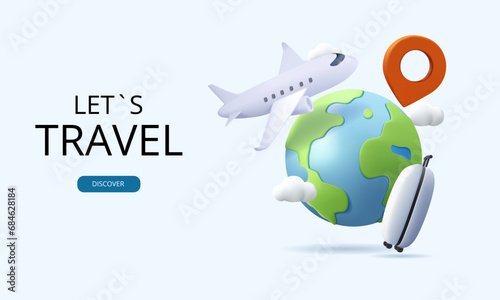 3D airplane and luggage or baggage floated in front of the passport for air transport media and tourism during high season, vector 3d isolated on light background for travel transport advertising 3D