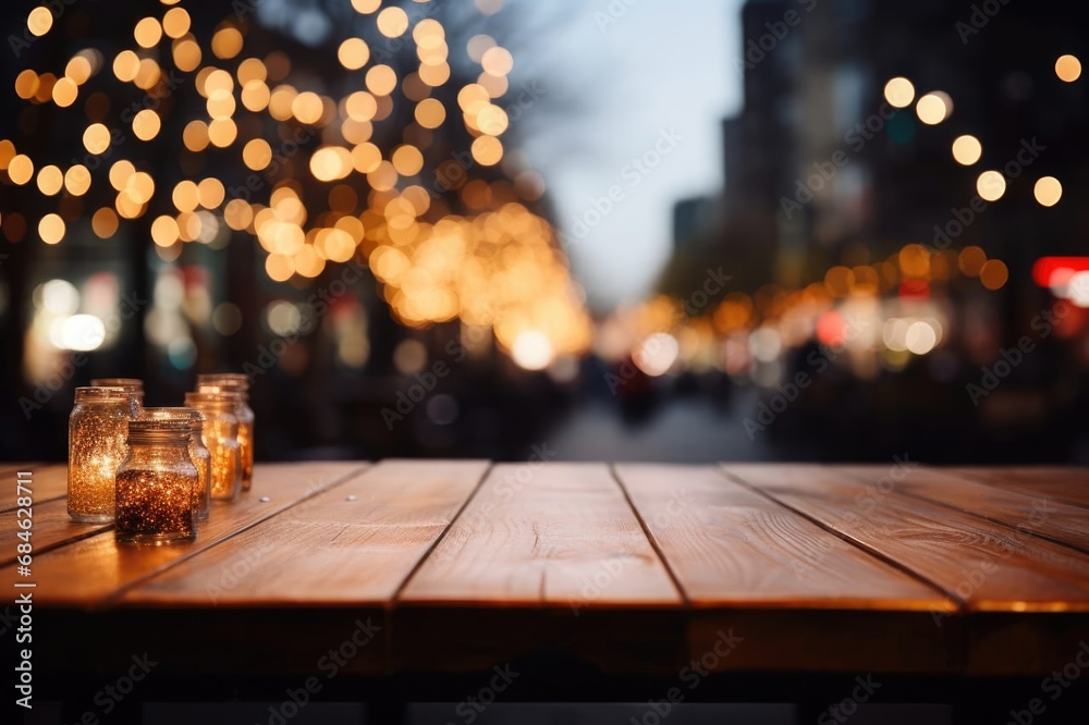 wooden table with lightning background, holiday, product presentation, wooden table with lightning background, holiday, product presentation,