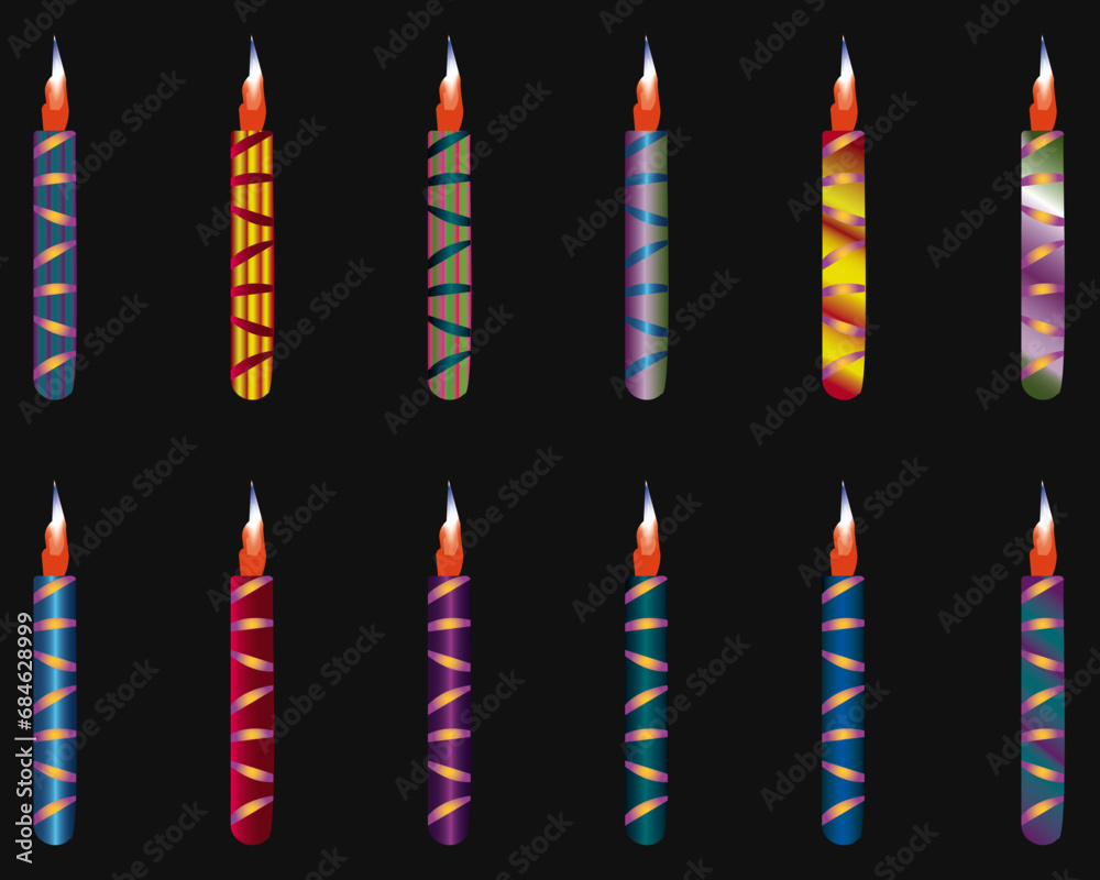 Set of candles with graphic design and gradient colors with burning flame.
