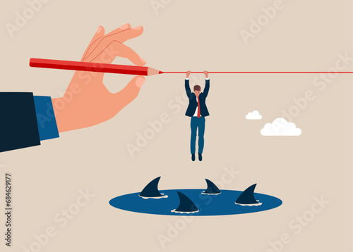 Entrepreneur hangs on for dear life from a rope as he swings above a group of circling sharks in the sea. Flat vector illustration