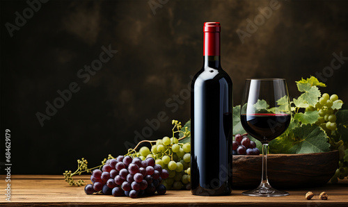 Vintage bottle of red wine with blank matte black label on wooden table, concrete wall background. Expensive bottle of cabernet sauvignon concept. Copy space,close up.