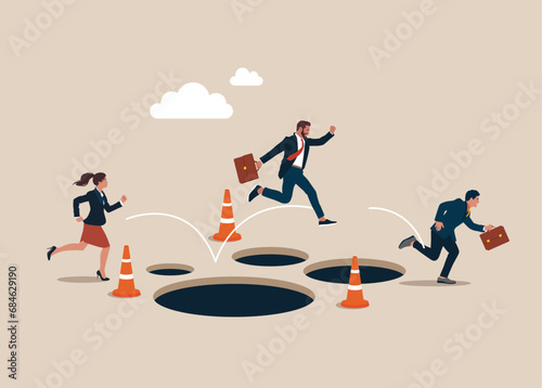 Business team jump pass many pitfalls to achieve business success. Flat vector illustration