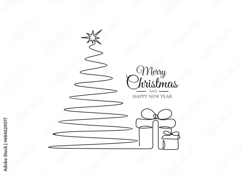 Fototapeta premium Continuous one line line drawing of xmas tree and gift. Merry Christmas concept