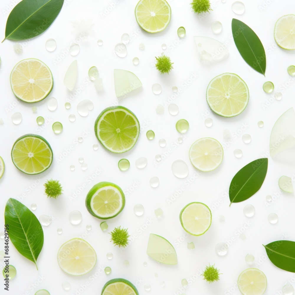 green and white leaves with slices of lime on the background green and white leaves with slices of lime on the background