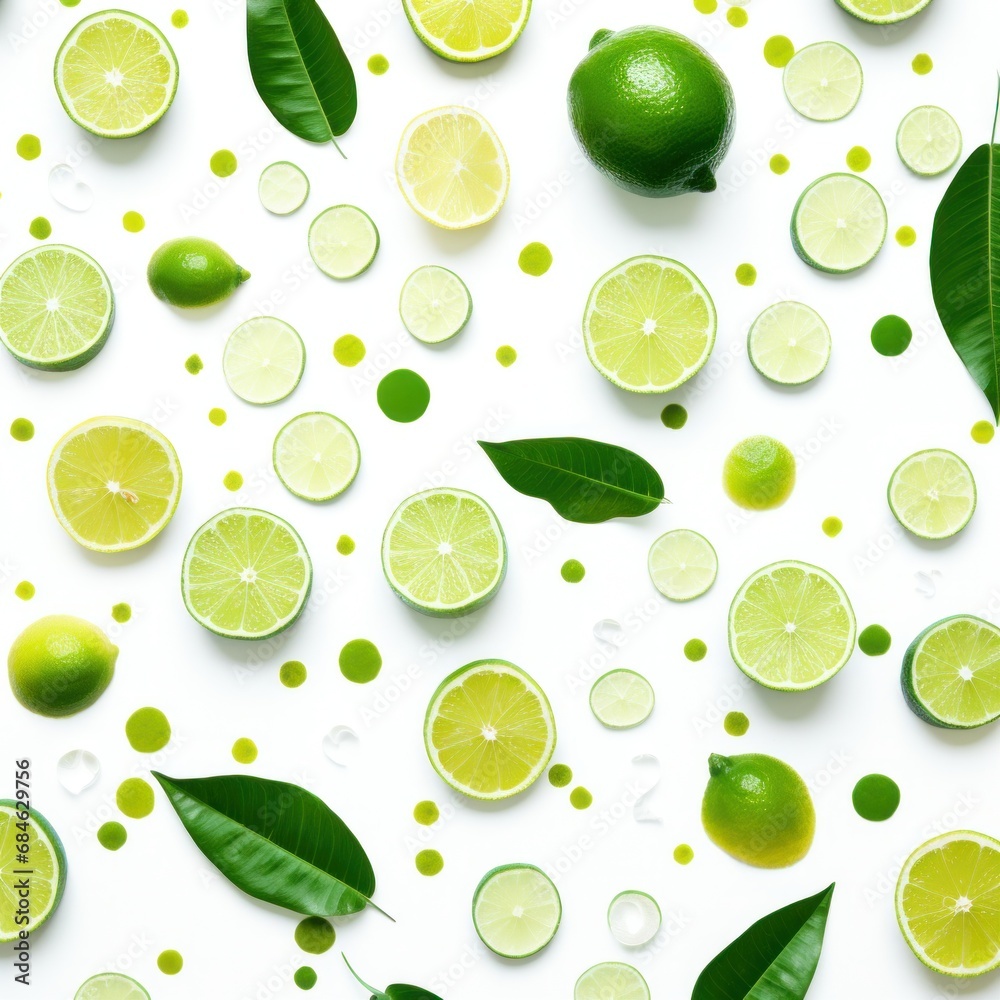green and white leaves with slices of lime on the background green and white leaves with slices of lime on the background