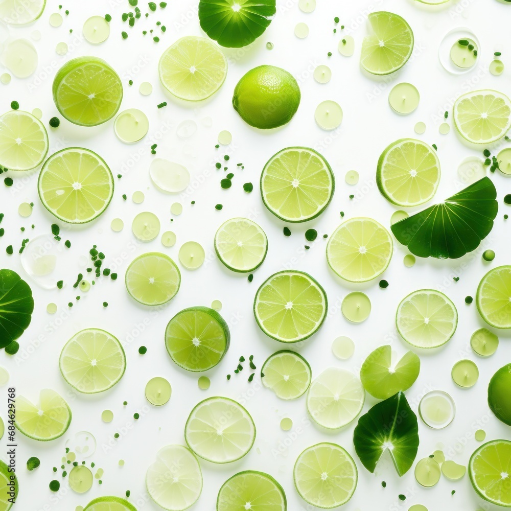 green and white leaves with slices of lime on the background green and white leaves with slices of lime on the background