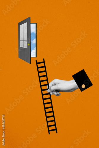 Photo collage artwork minimal picture of arm holding stairs leading open outside door isolated orande color background photo