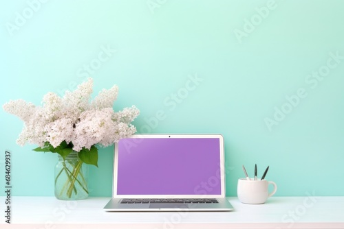 lilac computer, flowers, notebook,