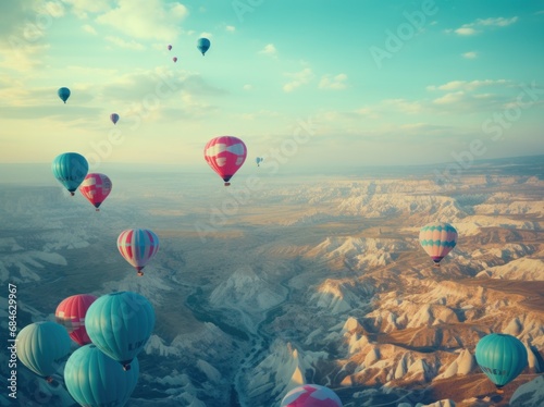 many colorful balloons in flight near a valley