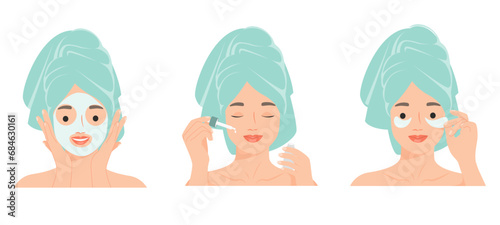 Woman making skin care step-by-step, application of masks, Applying Cosmetic Serum Oil, using patches. Skin Care Routine, Hygiene and Moisturizing Concept. Vector flat illustration.
