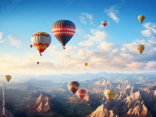 people are flying hot air balloons over mountains