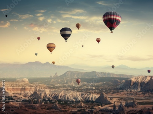 people are flying hot air balloons over mountains