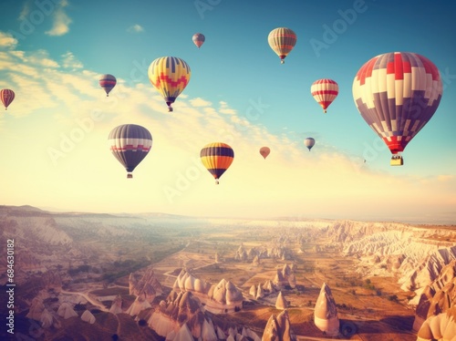 people are flying hot air balloons over mountains © olegganko