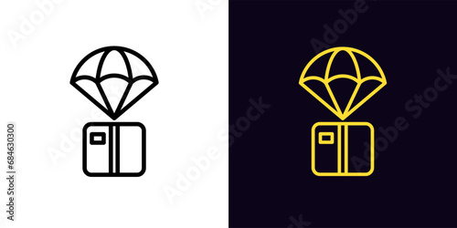 Outline flying box icon, with editable stroke. Box with parachute, air delivery parcel, flying package with order. Gaming loot box, game airdrop prize. Donation, free gift, drop surprise. Vector icon