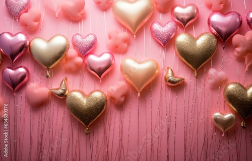 pink and gold balloons, straw straws and hearts
