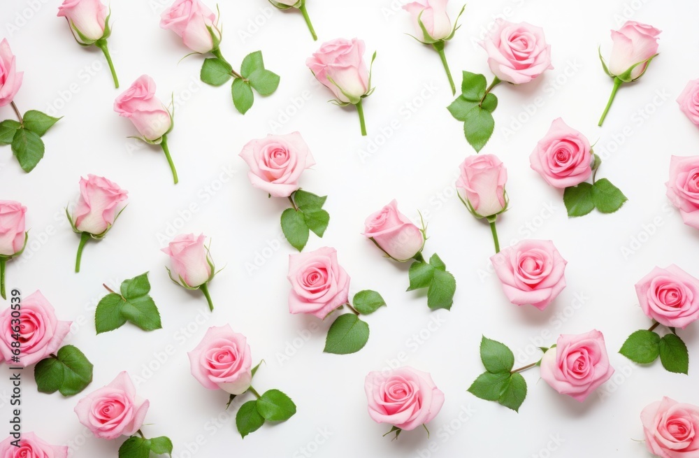 pink roses and leaves on a white background,