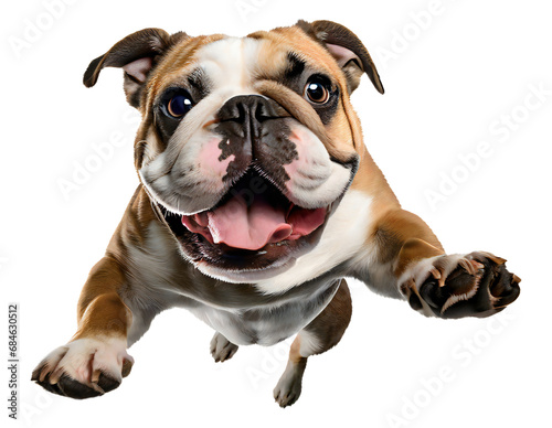Cute bulldog puppy jumping. Playful dog cut out at background. photo