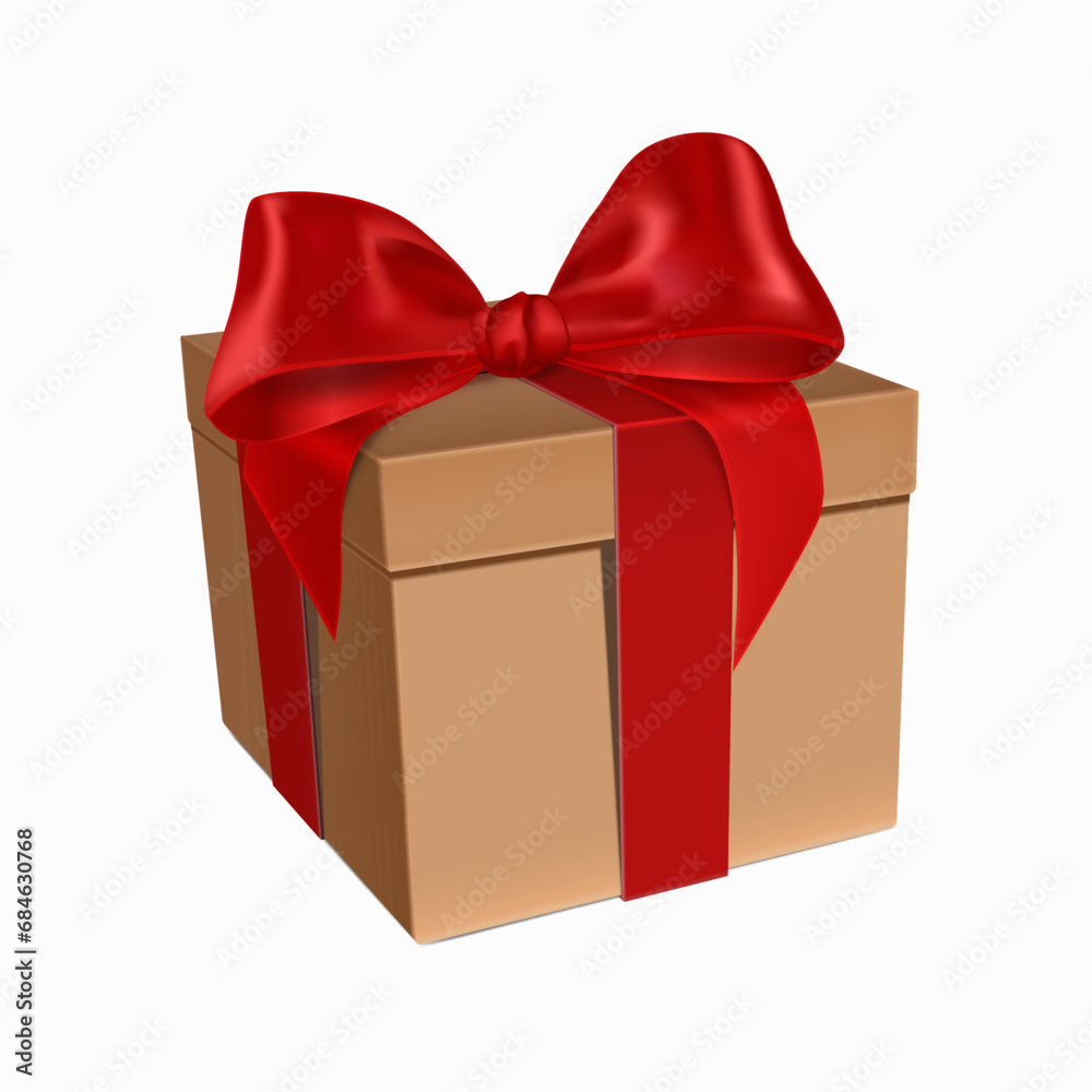 Obraz premium Gift box with red satin ribbon bow. Isolated vector illustration.
